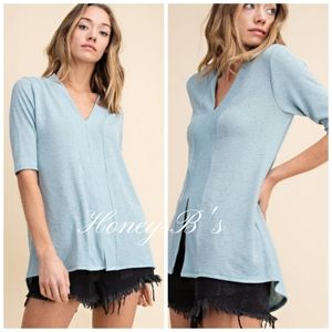 Fly Away Split Front Slub Knit Elbow Sleeve Blous